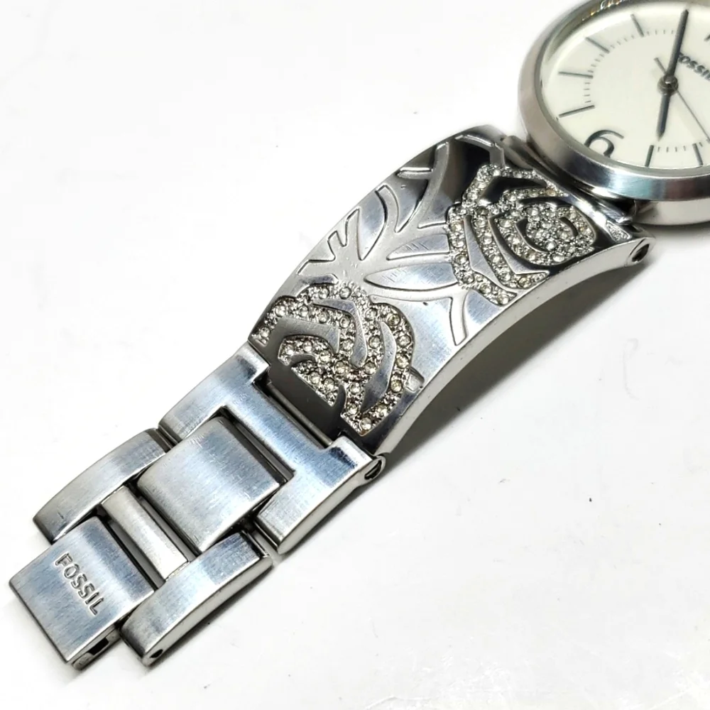 Fossil Blue ES2763 Silver Steel Bangle Floral Pave Wristband White Face